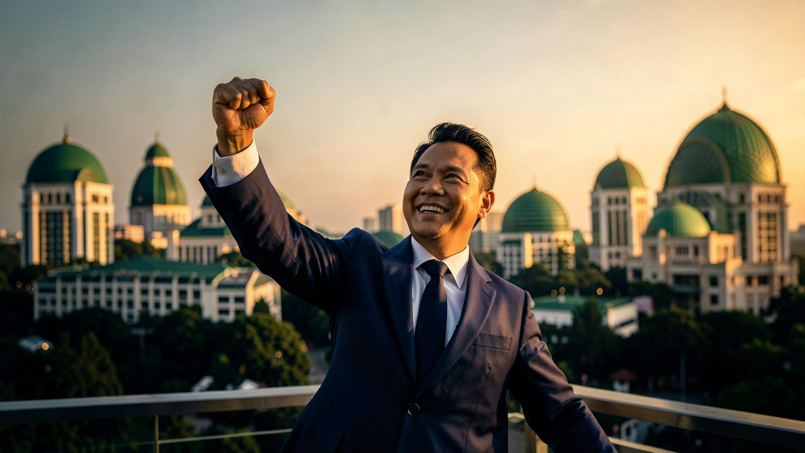 Usahawan meraikan kejayaan di hadapan bangunan kerajaan